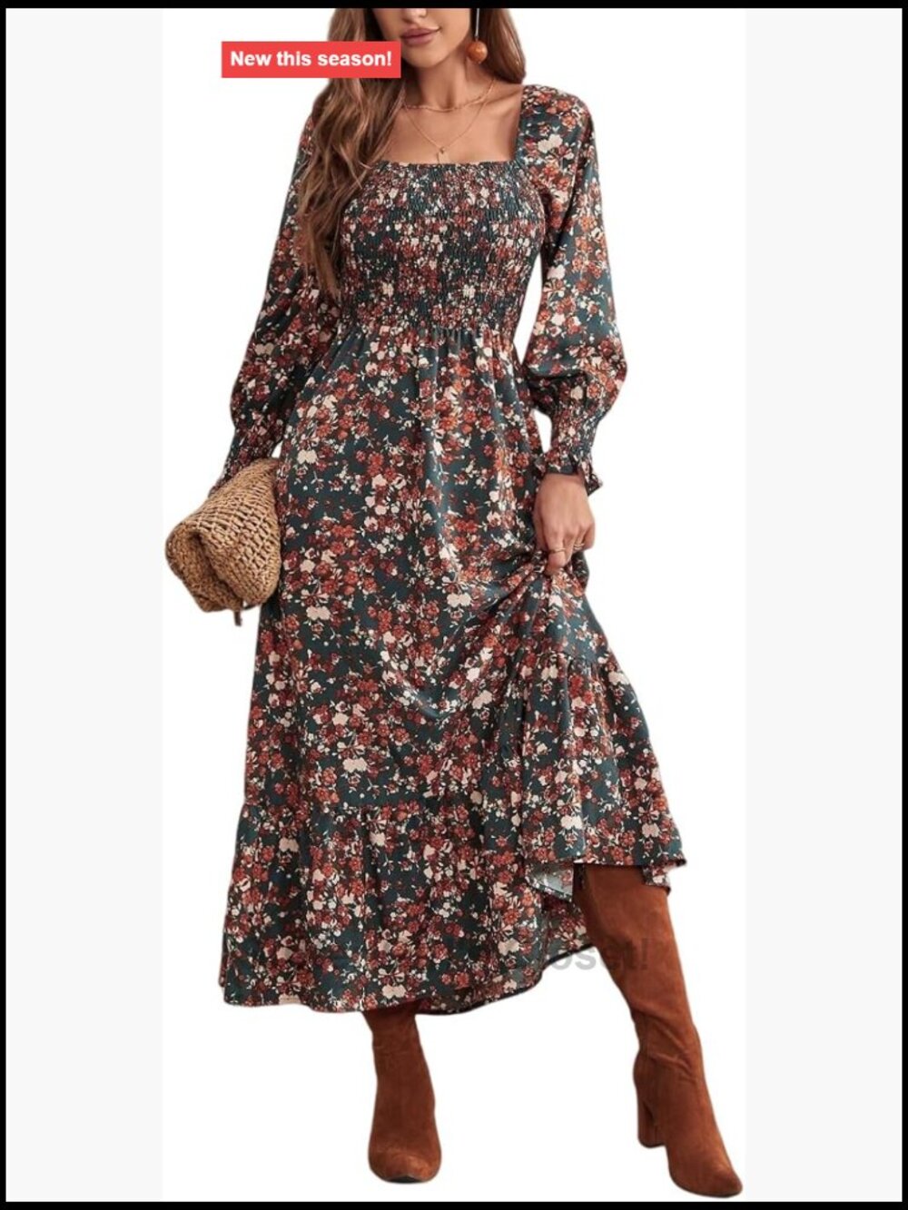 Women's Smocked Floral Maxi Dress Long Sleeve Square Neck Ruffle A-Line Flowey